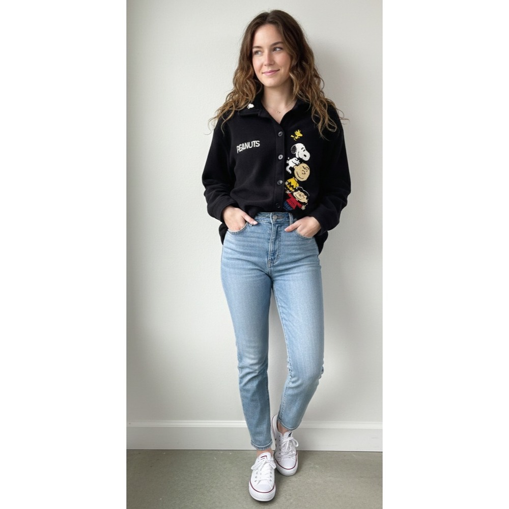 Peanuts Shacket Womens XS Black Soot Fleece Snoopy‎ And Friends Embroidered Logo